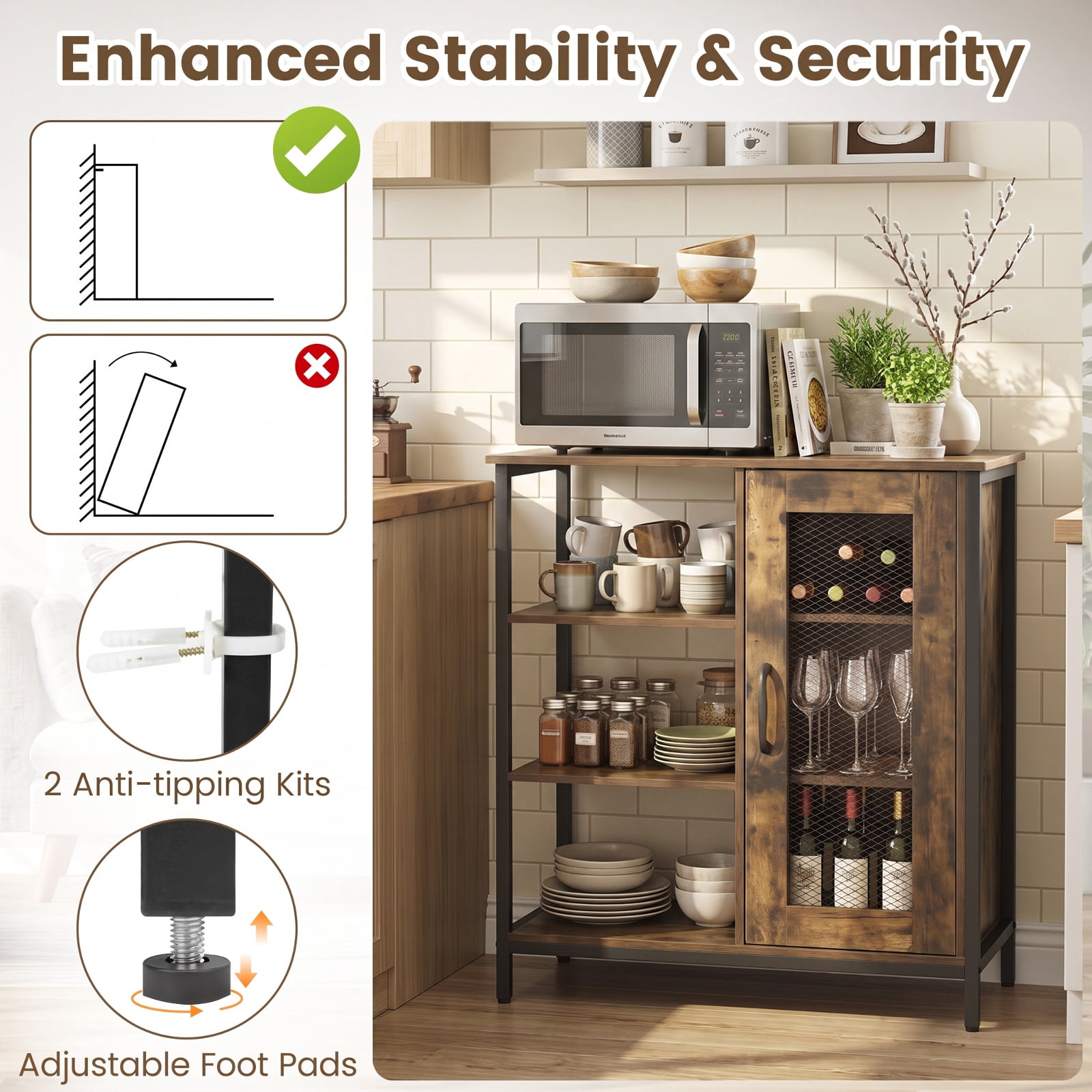 Furnibear Industrial Side Cabinet with Metal Mesh Door and 3 Open Shelves Narrow Storage Buffet Sideboard for Kitchen and Living Room, Rustic Brown