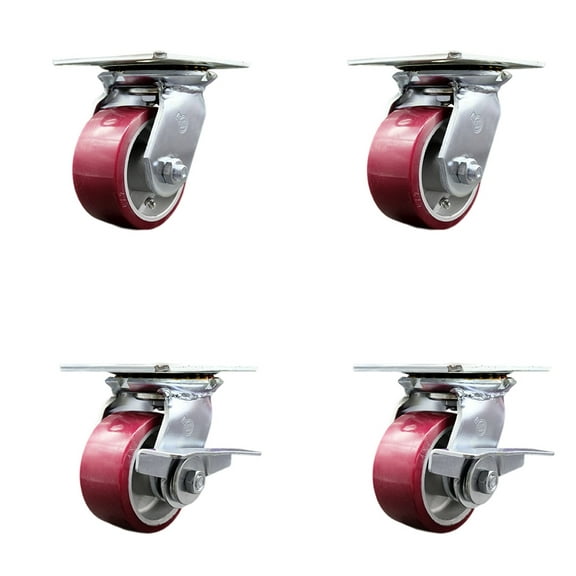 4 Inch Poly on Aluminum Swivel Caster Set with Roller Bearings 2 Brakes SCC