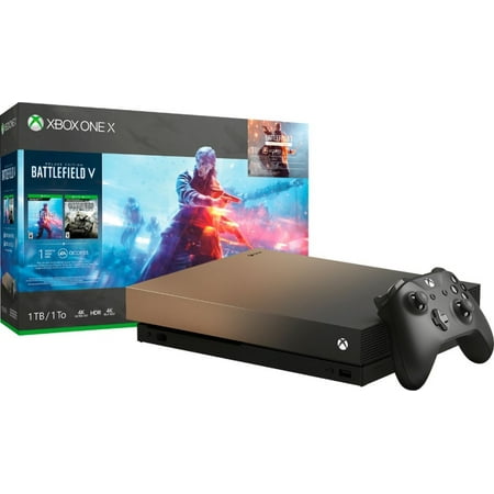 Used Microsoft FMP-00023 Xbox One X 1TB Gold Rush Special Edition Battlefield V Bundle Gray Gold