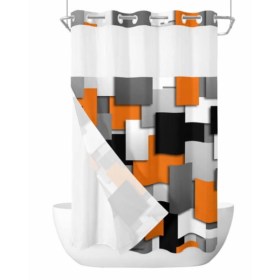 No Hook Shower Curtain with Snap-in Liner, Burnt Orange Black Geometric Waterproof Fabric Bathroom Curtains, Modern Abstract Art Block Bath Curtains & Mesh Top Window Stand Up Stall 36"x72"