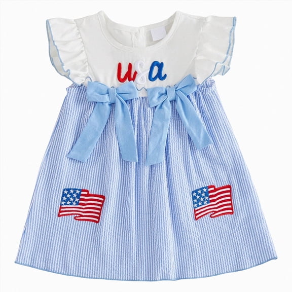 KPOPLK 4th of July Toddler Girl Dress Baby Red White Blue Dress Little Girl Fourth of July Outfit American Flag Clothes(12-18 Months,Blue)