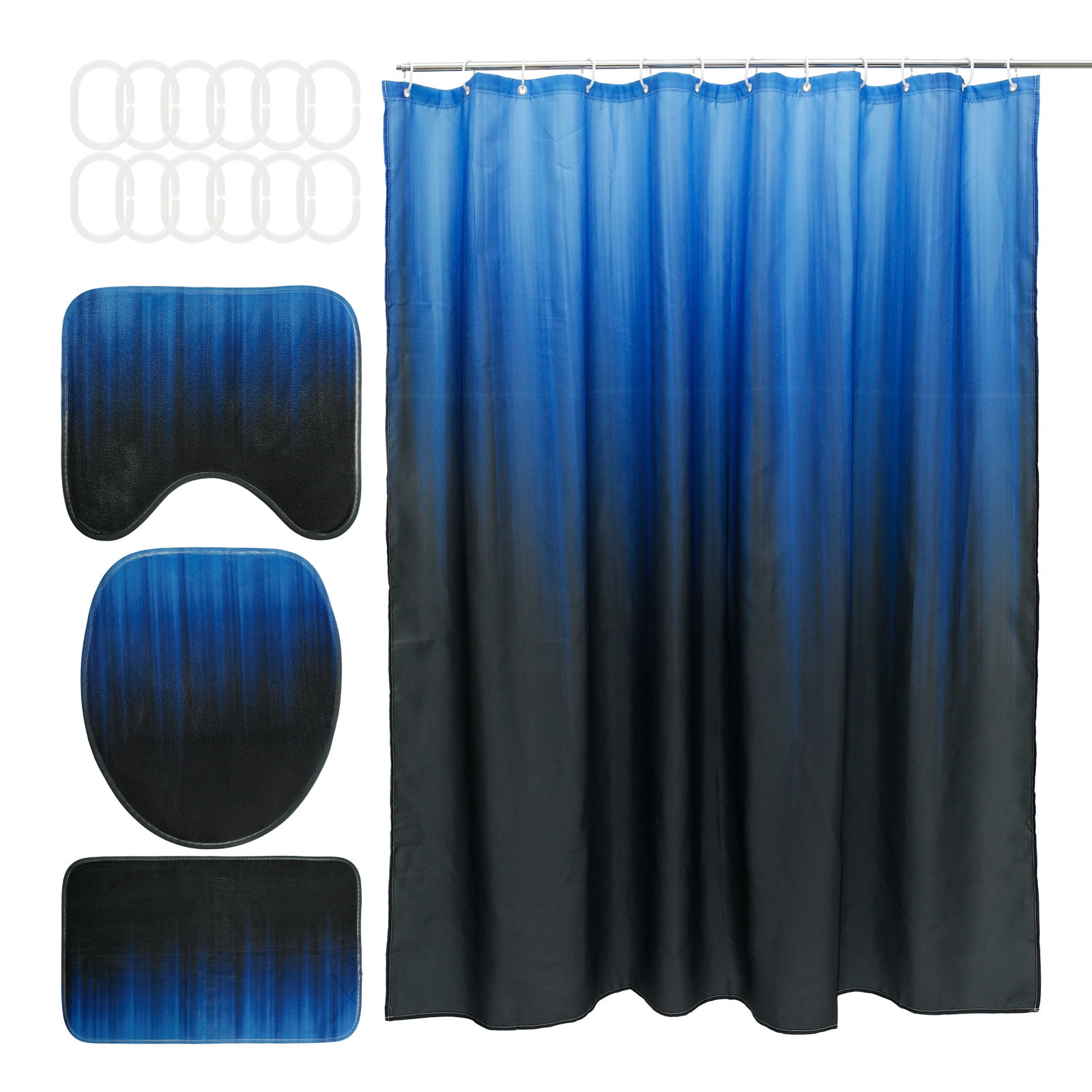 Black and Blue Ombre Shower Curtain Set with Rug, 16pc Modern Bathroom Decor Set, 72" x 72"