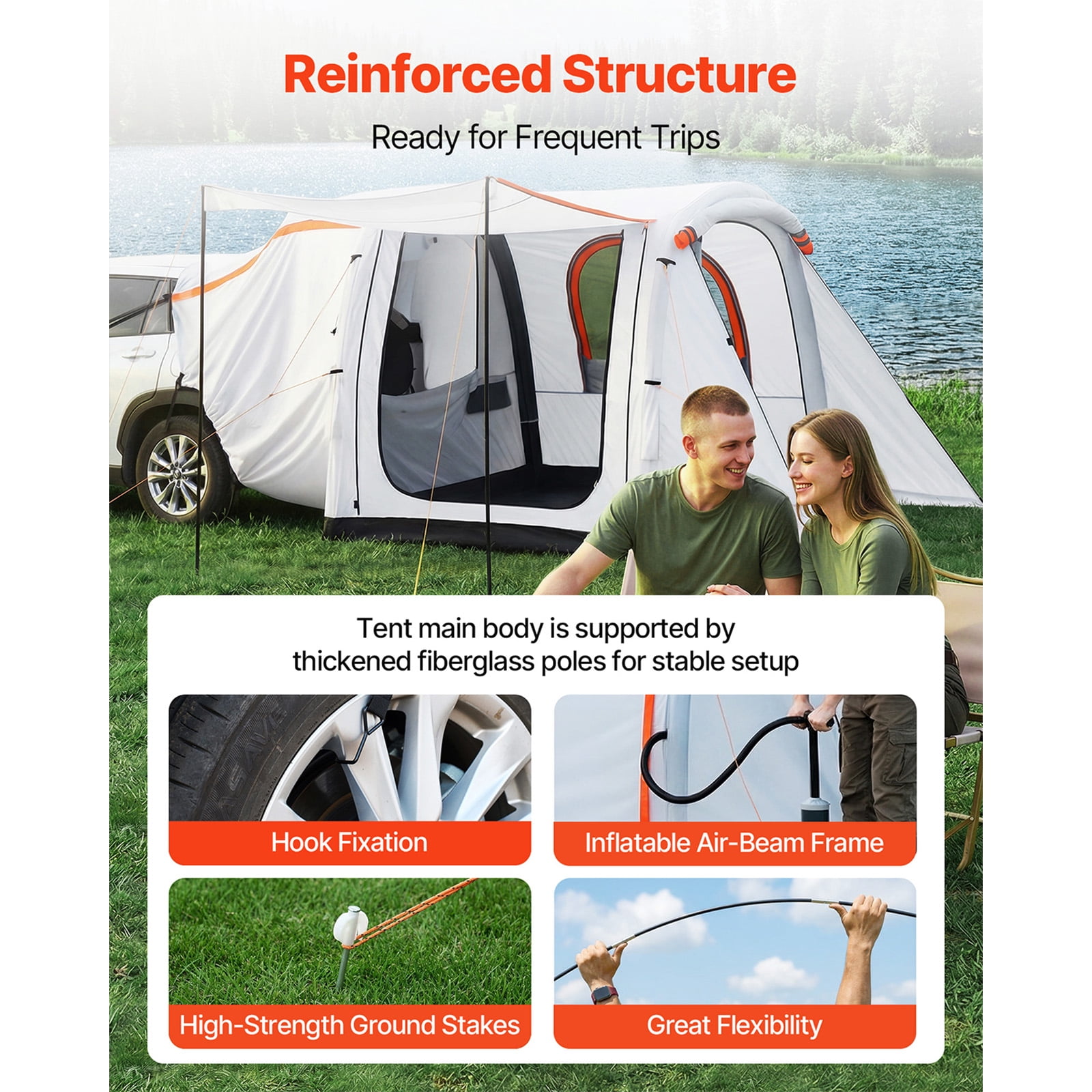 KFFKFF Inflatable SUV Tent with Awning, 8 x 6.7 ft 3-Season Tailgate Tent with Ventilated Doors & Mesh Window, PU2000mm Waterproof Rear Hatch Tent for Camping - Includes Air Pump
