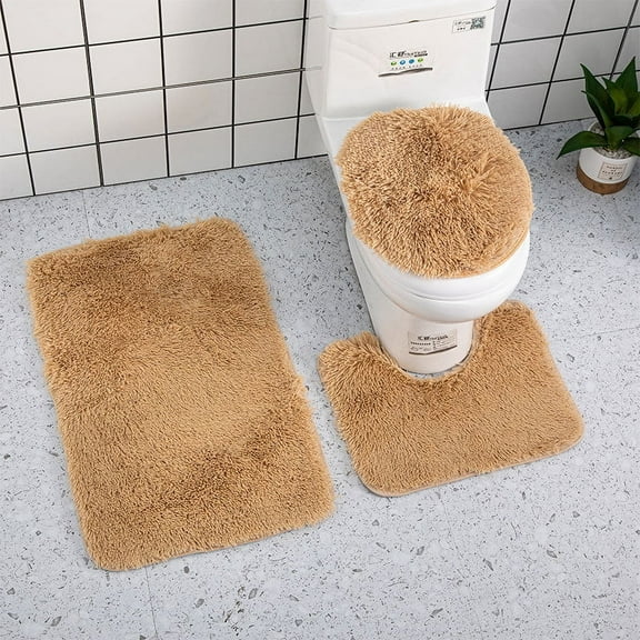 Zhuge 1Pcs Machine washable bathroom floor mat three-piece U-shaped toilet, 3 Piece Soft and Comfortable Bath Mat Include Toilet Lid Cover, Non-Slip Absorbentb Rugs,camel