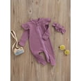thumbnail image 3 of Xingqing Newborn Baby Girl Fall Clothes Solid Color Ribbed Long Sleeve Zip-Up Footed Romper + Headband Set, 3 of 7