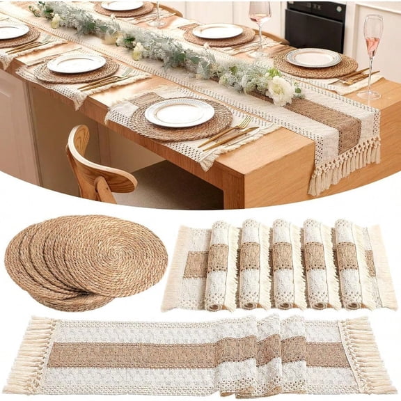 Boho Placemats 4 6 Set Of Round Woven Placemats Macrame Style Bicolor Stitching Long Table Runner Farmhouse Rustic Natural Burlap Cotton For Kitchen Dining Table Home Brown6 Sets