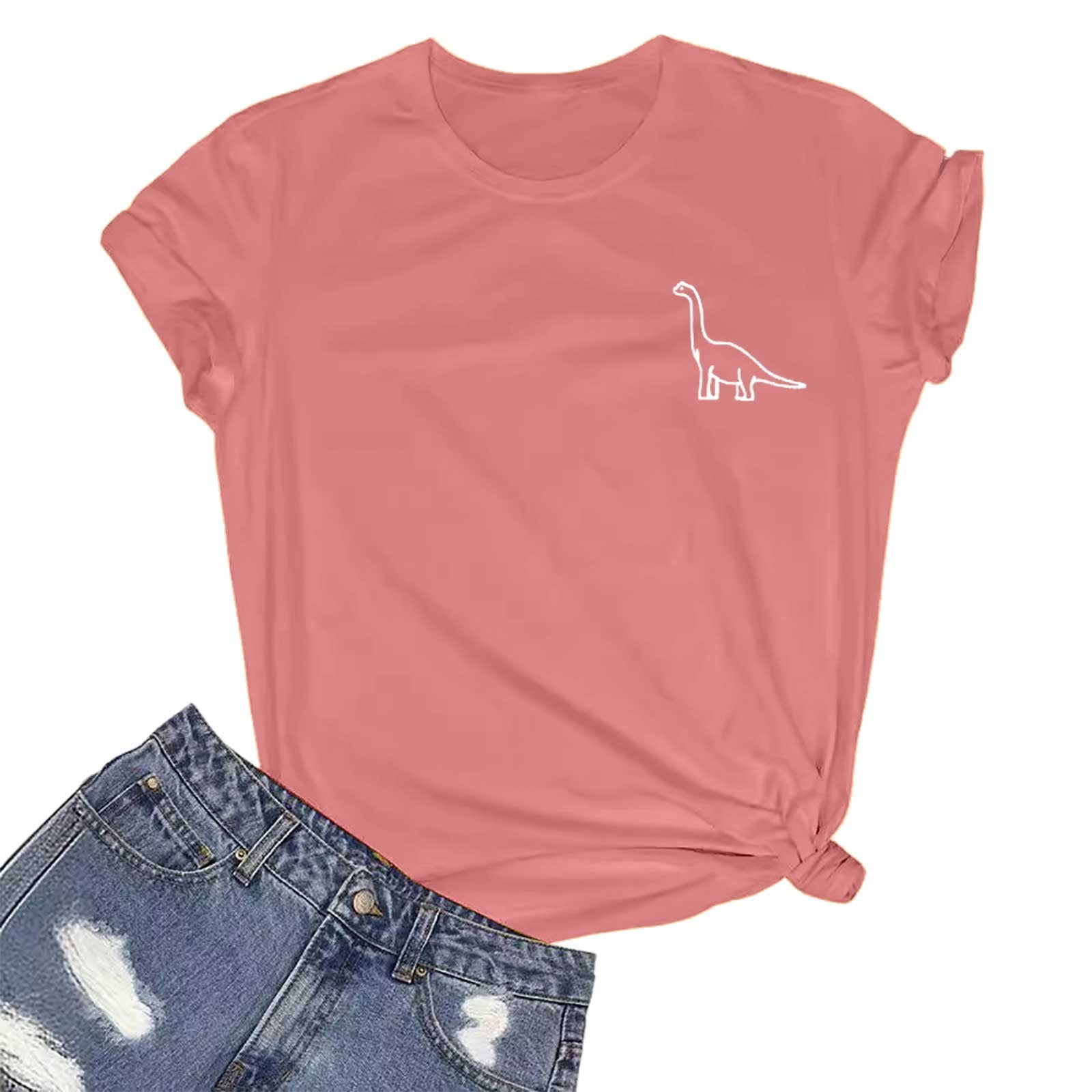 WEIYLL Tshirts Shirts for Women Small Dinosaur Print Pink Tops Sizes L