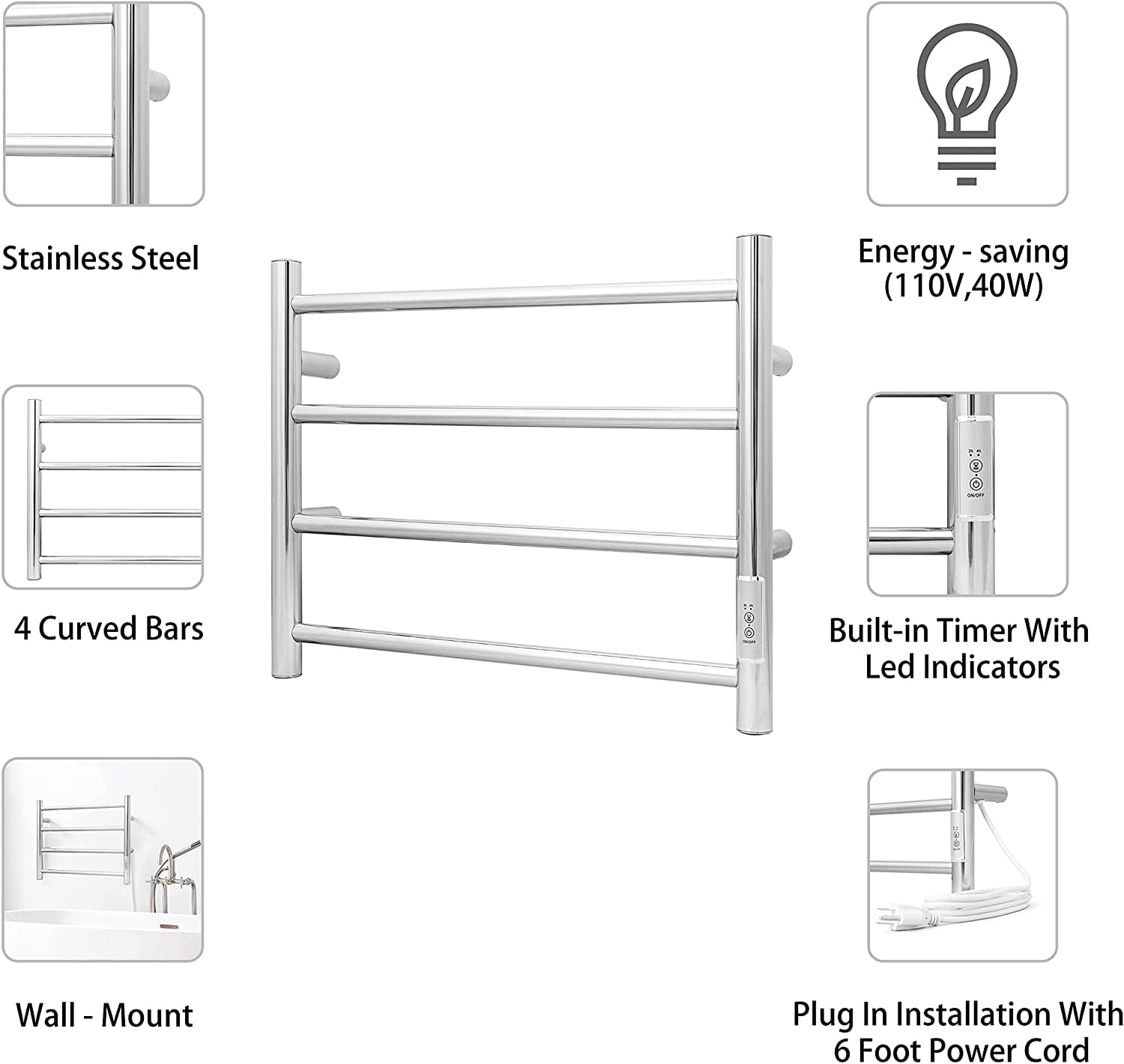 KEG Towel Warmer Wall Mounted with Built-in Timer 4 Bars Electric Stainless  Steel Heated Towel Racks for Bathroom, Hot Plug-in Bath Towel Heater Polish  Chrome - Walmart.com