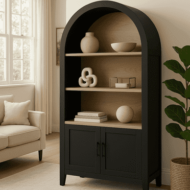 WARMMUSE 66.7" Tall Arched Bookshelf, Mid-Century Modern Bookcase Display Shelf with Cabinet and 3 Shelves, Black and Natural Wood