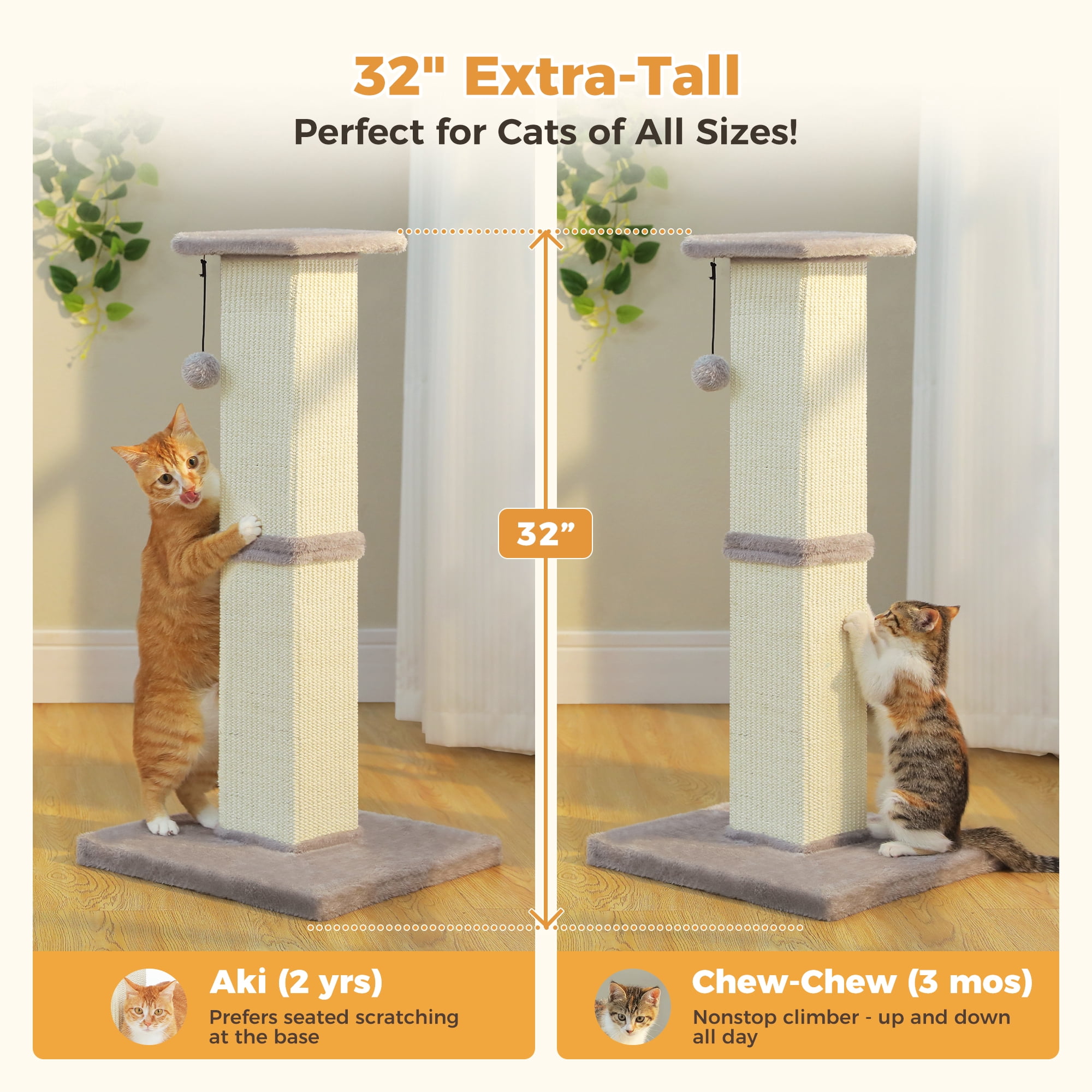 PAWZ Road 32" Tall Sisal Cat Scratching Post for Indoor Cats - Durable Cat Scratcher with Wide Base, Gray