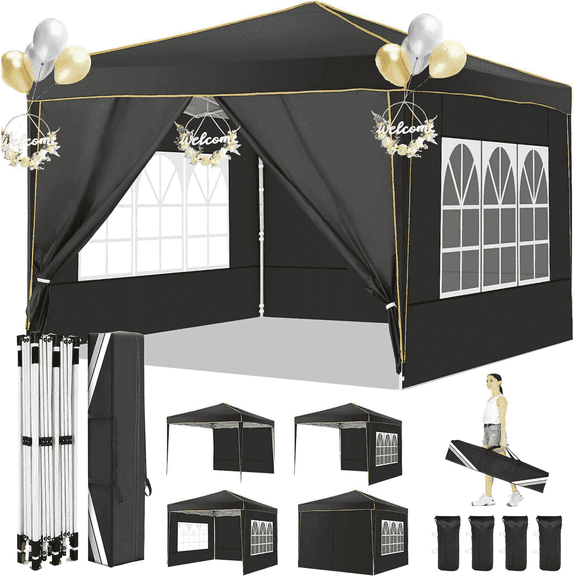 HOTEEL 10x10 Pop up Canopy with Sidewalls,Waterproof Tent for Parties Wedding Event,Instant Outdoor Gazebos with Carry Bag,Stakes,Ropes & Sandbags,Black