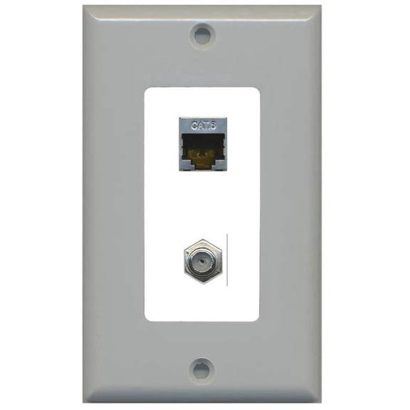 RiteAV Decorative 1 Gang Wall Plate (Gray/White) 2 Port - Cat6 (Shielded) Coax (White) - Bracket Included