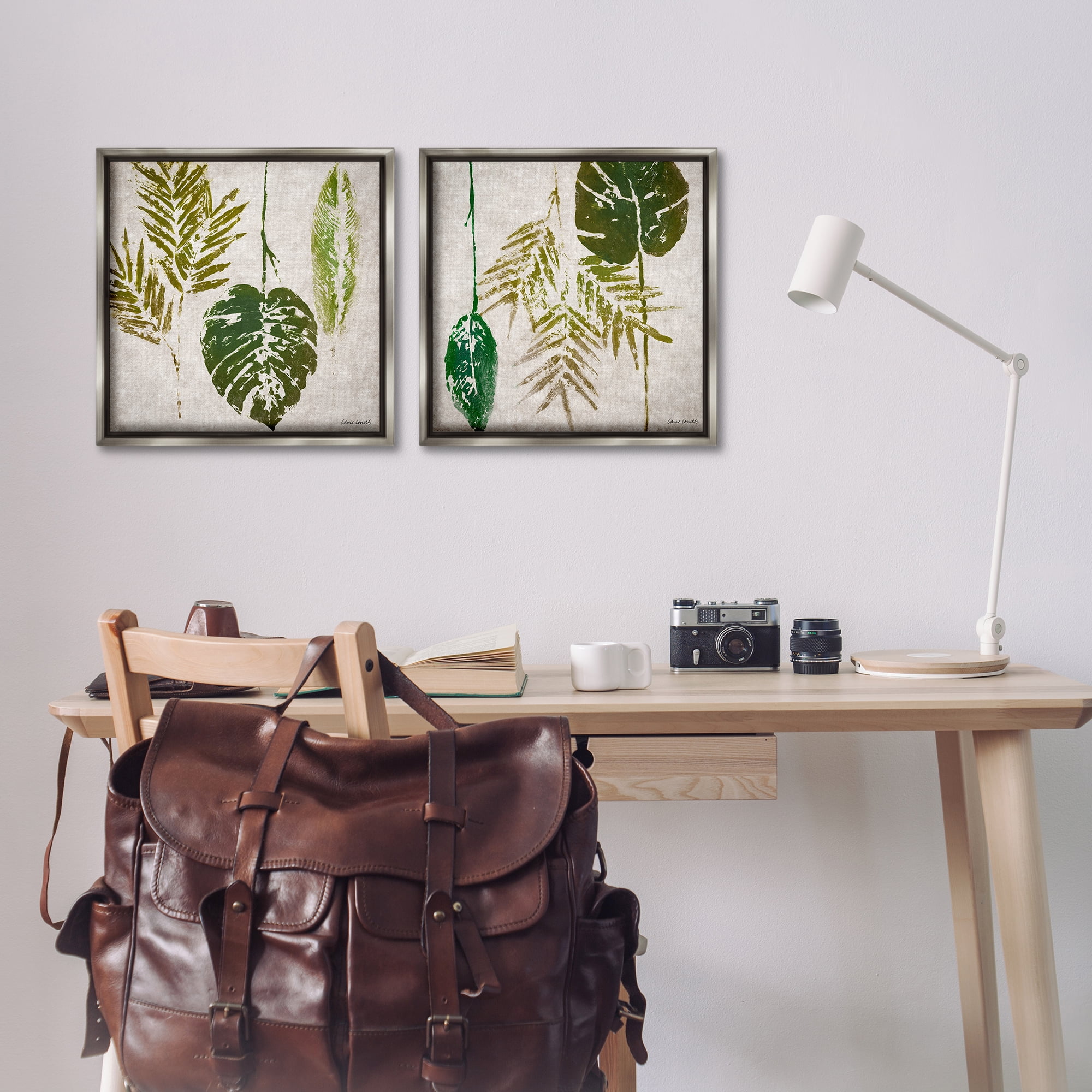 Stupell Industries Monstera Stamped Palm Leaves Plants & Flowers Painting Gray Floater Framed Canvas Art Print Wall Art, 18 x 18, Set of 2