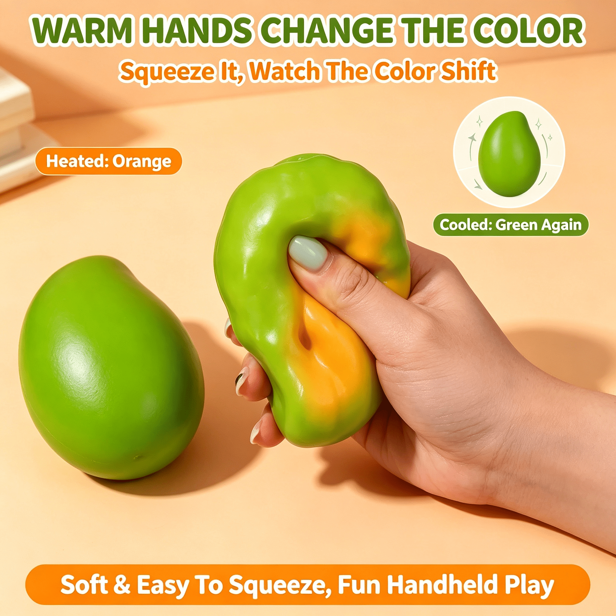 Crunchy Mango Squishy Satisfying Inner On Squeezing Soft Kneadable Exterior Color Changing Squishy With Heat‑Driven Hue Shift Lightweight Sensory Squishy Toys For Tabletop Play