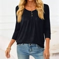 thumbnail image 4 of 3/4 Length Sleeve Womens Tops Loose Fit Trendy Pleated Lightweight T Shirts Casual Button Scoop Neck Tunic Tops Black S, 4 of 6