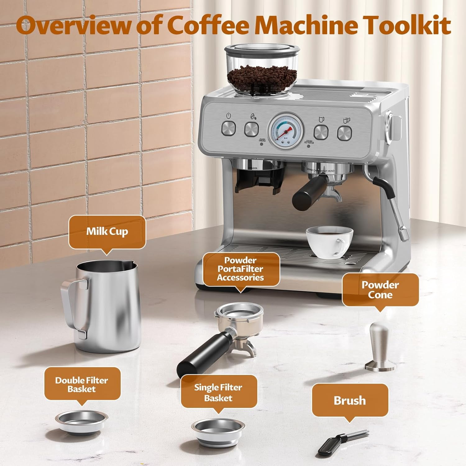 Espresso Machine 20 Bar Professional Coffee Maker with Grinder Milk Frother