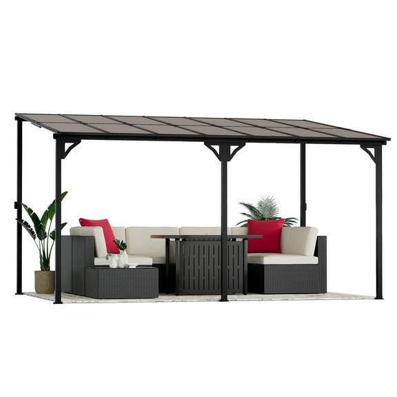 Devoko 10*14 ft Patio Wall-Mount Wall-Free Lean-to Hardtop Pergola Gazebo with Metal Frame and Lean-to Polycarbonate Roof for Backyard and Garden