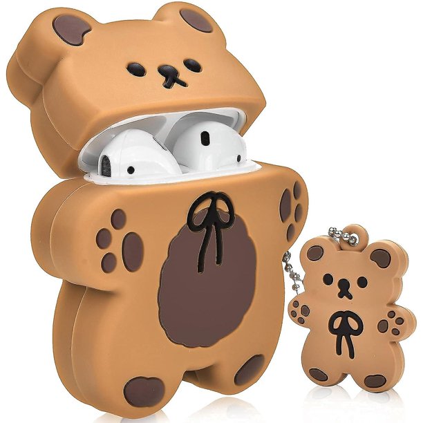Llavero de oso con diseño de oso de galleta de dibujos animados, funda protectora completa de silicona compatible con funda Airpod 2 y 1 para niños y mujeres (marrón oscuro)