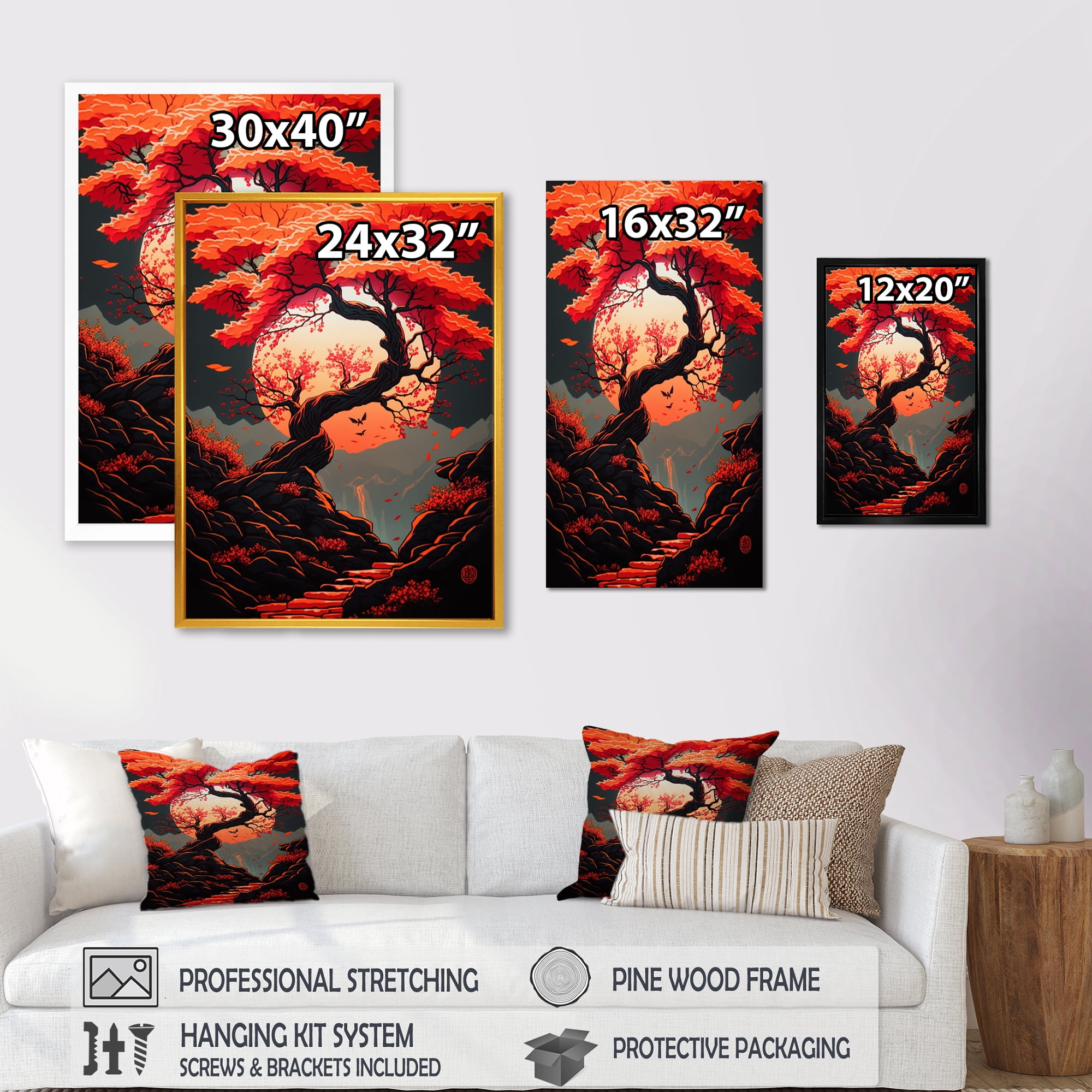 Designart Orange Cherry Blossum Tree Canvas Wall Art