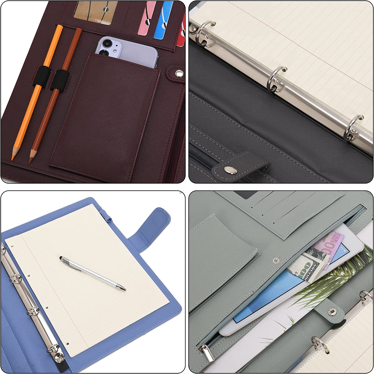 Wonderpool A4 PU Leather Ring Holder Writing Portfolio Multi Document Case with Removable Binder Clipboard and Functional Pocket for Organizer Office Travel School (Blue)