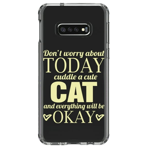 DistinctInk Clear Shockproof Hybrid Case for Samsung Galaxy S10e (5.8" Screen) - TPU Bumper Acrylic Back Tempered Glass Screen Protector - Cuddle a Cat Everything Will Be Okay