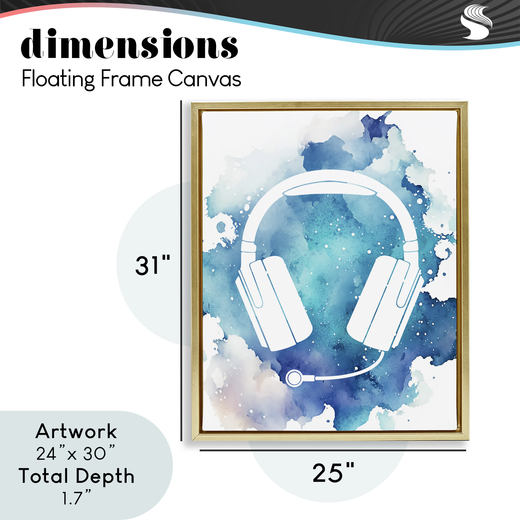 Blue Headphone Splatter Gold Framed Floater Canvas Wall Art, design by Marcus Prime