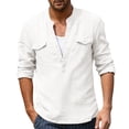 thumbnail image 5 of Cotton Linen Shirts for Men 2026 Spring Summer Casual Lightweight Long Sleeve V Neck Band Collar Beach Shirt, 5 of 7