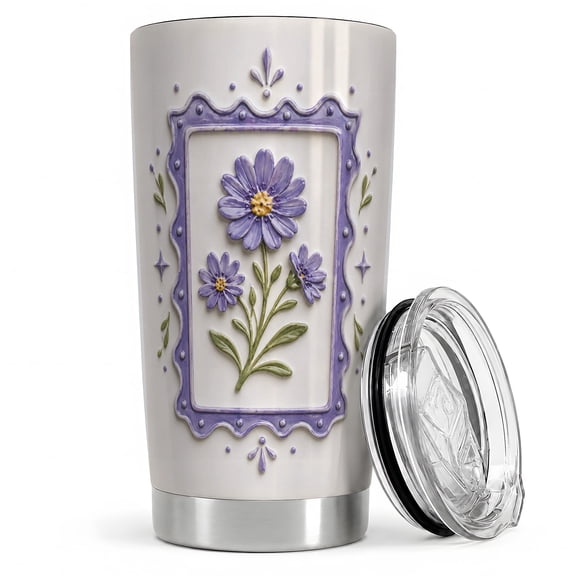Purple Daisy Frame 20oz Tumbler, Purple Daisy Frame Tumbler, Daily Coffee Cup for Travel, Simple Floral Panel Art with Lavender Border, Green Stems, Cottage Garden Decor for Women