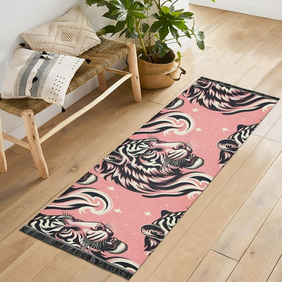 Tiger Head on Pink Runner Rug Machine Washable Area Rugs Carpet Non Slip Entryway Mat for Bedroom Entryway Front Door