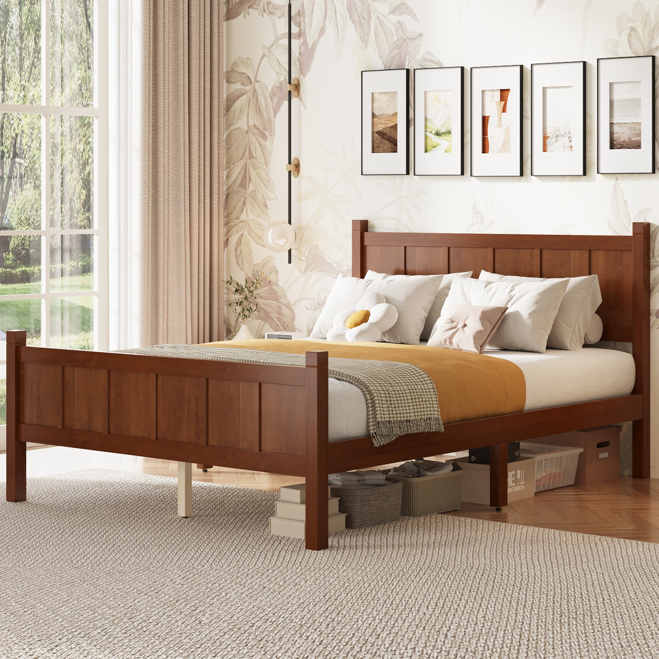 Noble House Full Platform Bed with Headboard and Footboard, Wood Frame, Dark Walnut