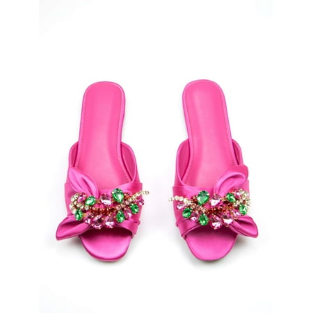 

Rhinestone & Bow Decor Satin Slide Sandals Women‘s Footwear