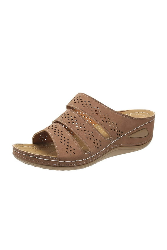 Women's Summer Sandals Wedge Open Toe Hollow out Breathable Slip on Shoes Comfortable Outdoor Walking Slippers Beach Sandals Brown 39