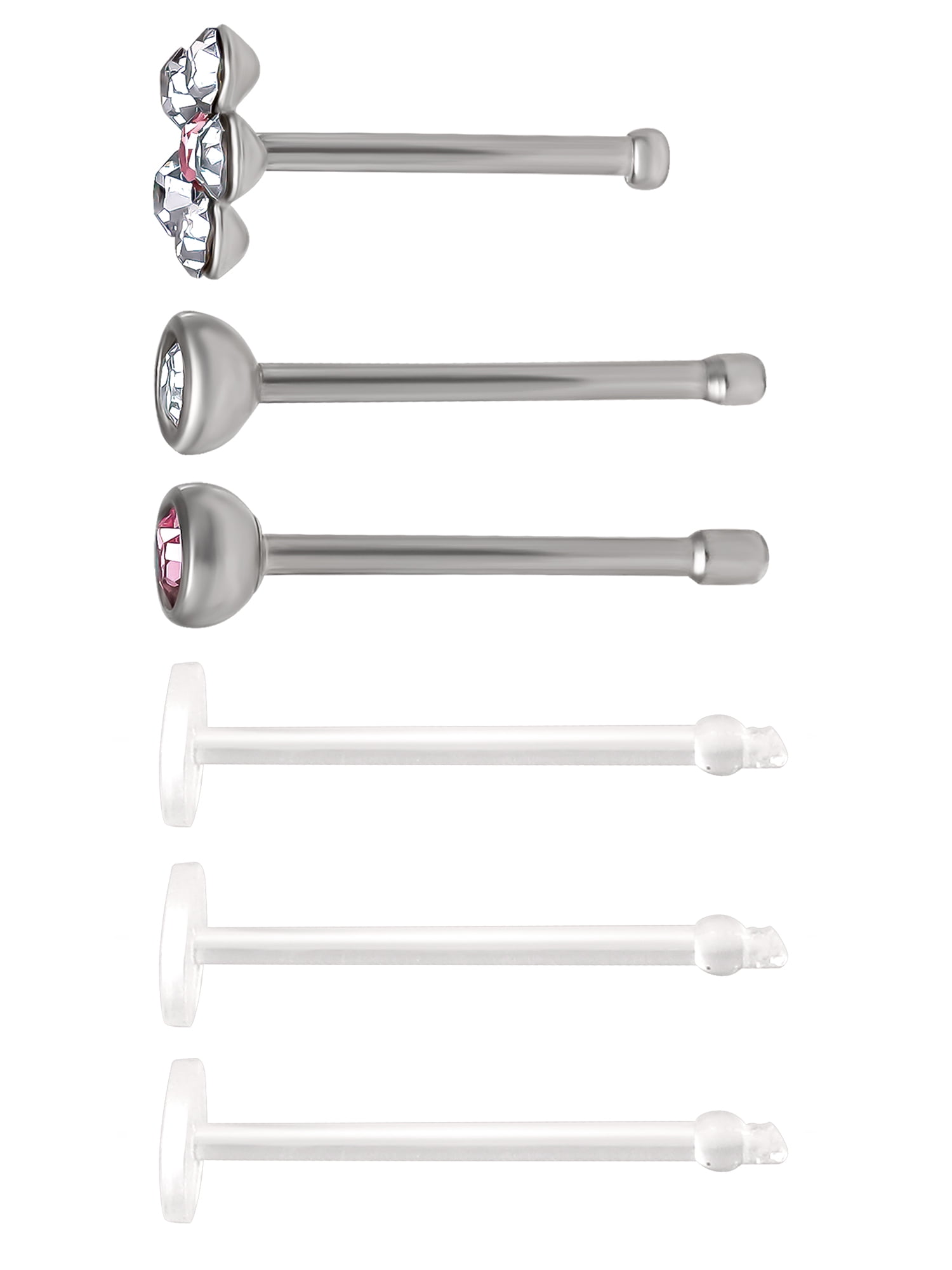 Body Jewelry Women's 22G Steel Nose Studs with Crystals, 6 Pack