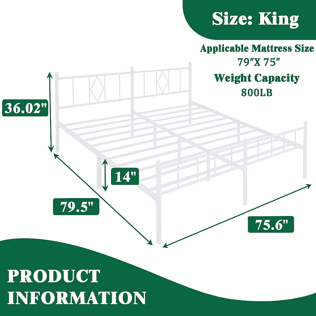 Eavesince 14in King Size Bed Frame with Headboard and Footboard,No Box Spring Needed,White