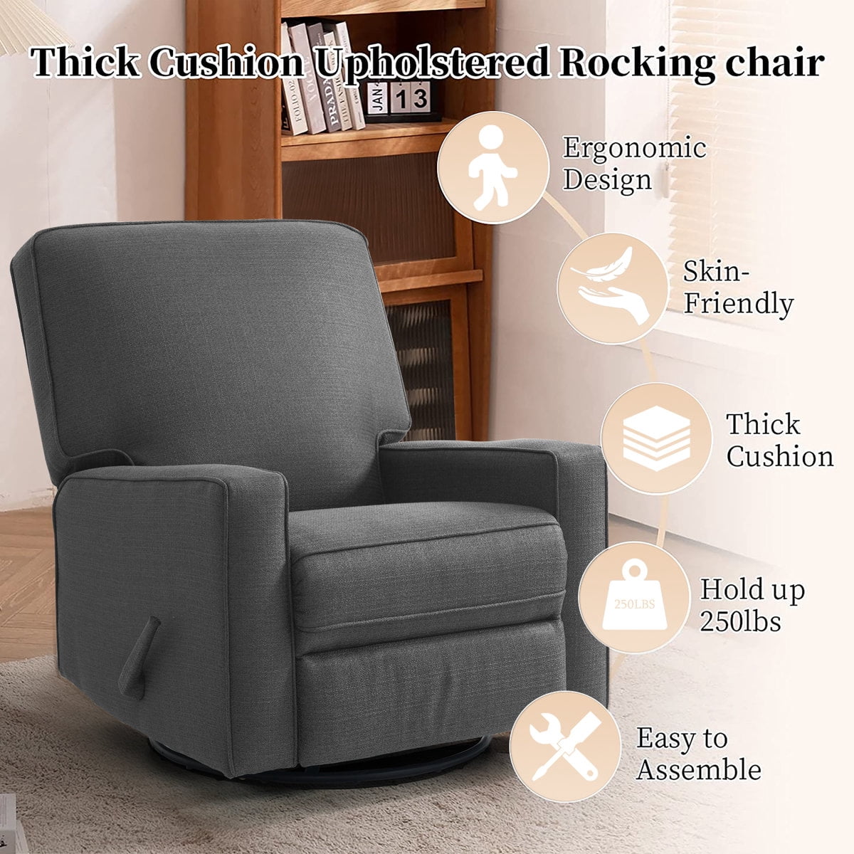 360° Swivel Rocker Recliner , Glider Rocker Recliner, Rocking Chairs for Nursery, Linen Fabric Chair with High Back, Deep Seat, for Living Room, Bedroom, DarkGrey