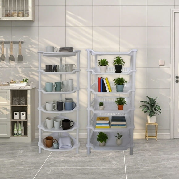 Organizador de plástico blanco para estante de almacenamiento de 6 niveles | Unidad de estanterías multicapa para salón, baño, cocina, oficina. Montaje fácil | 75x27x18cm | 1 pieza