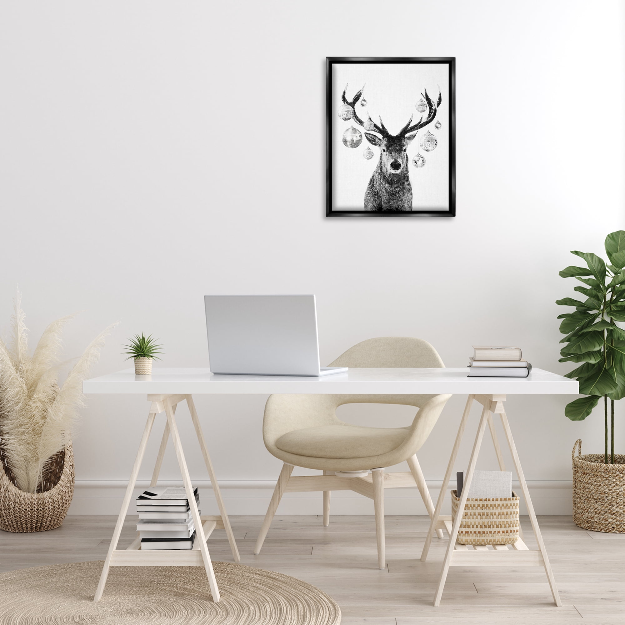 Stupell Industries Deer with Disco Balls Animals & Insects Painting Black Floater Framed Canvas Art Print Wall Art, 17 x 21
