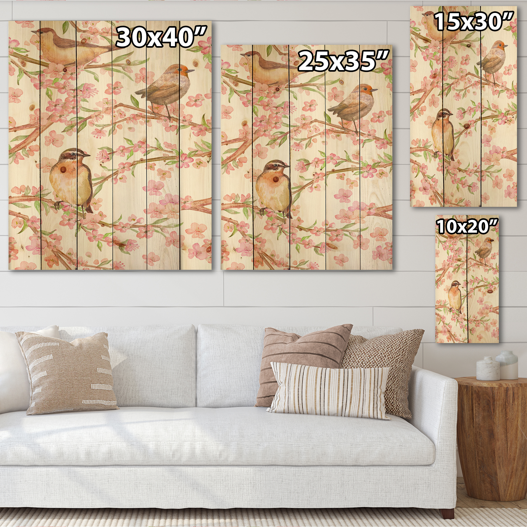 Designart 'Lovely Birds On Branches Of Flowering Almond' Traditional Print on Natural Pine Wood