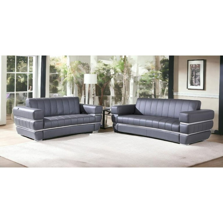 Two Piece Indoor Dark Gray Italian Leather Five Person Seating Set Two Piece Indoor Dark Gray Italian Leather Five Person Seating Set