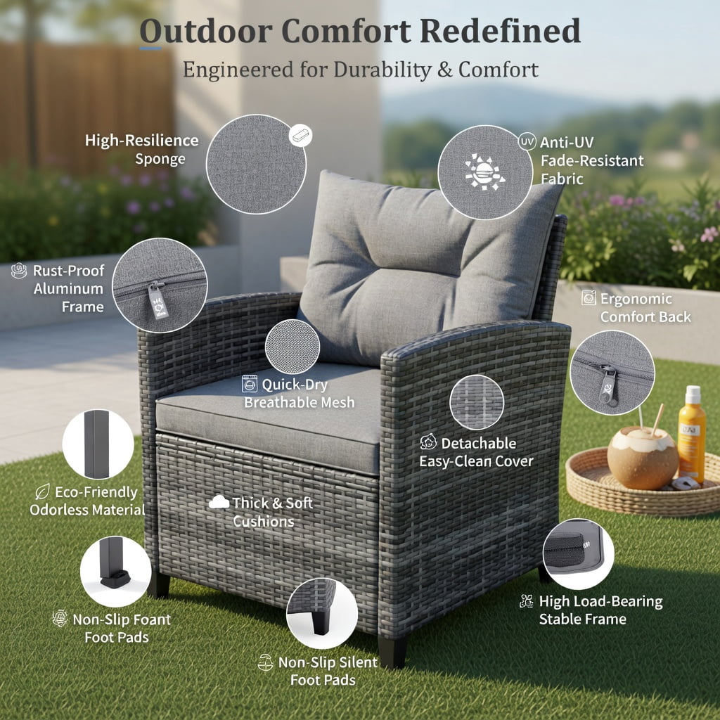 Hommoo 3-Piece Modern Outdoor Wicker Conversation Set, PE Rattan Sofa & Coffee Table with Tempered Glass Top, Weather-Resistant Cushions, Gray