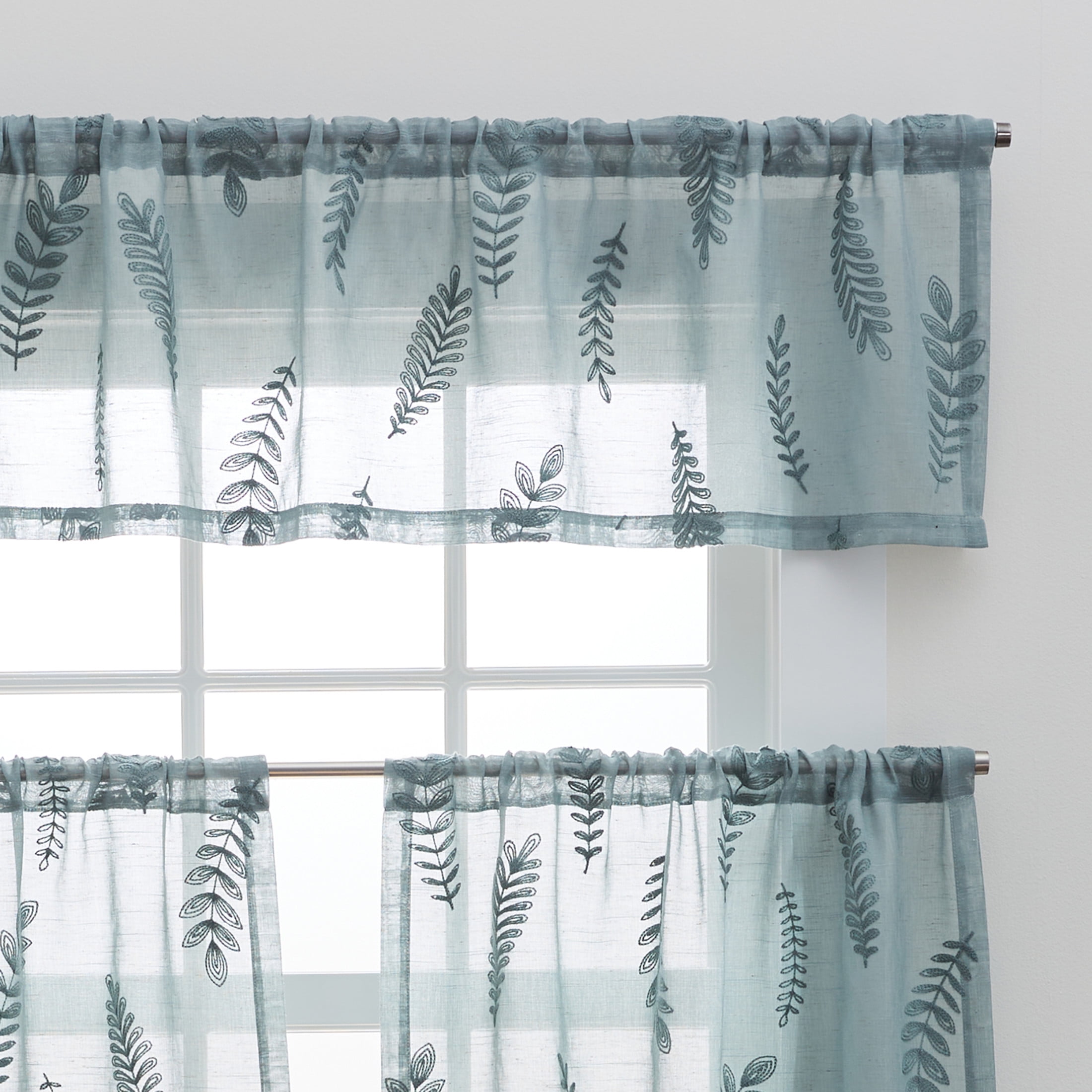 Better Homes & Gardens Embroidered Botanical Valance & Tier Set, 3-Piece Curtain, Green River, 60"W x 36"L, Indoor, Adult, Teen