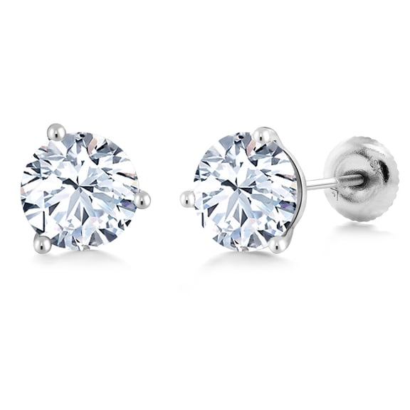 Gem Stone King 18K White Gold White Created Sapphire 3-Prong Martini Stud Earrings for Women Men | 2.00 Cttw Round 6MM | Fine Jewelry Gifts for Women Mom Wife Her