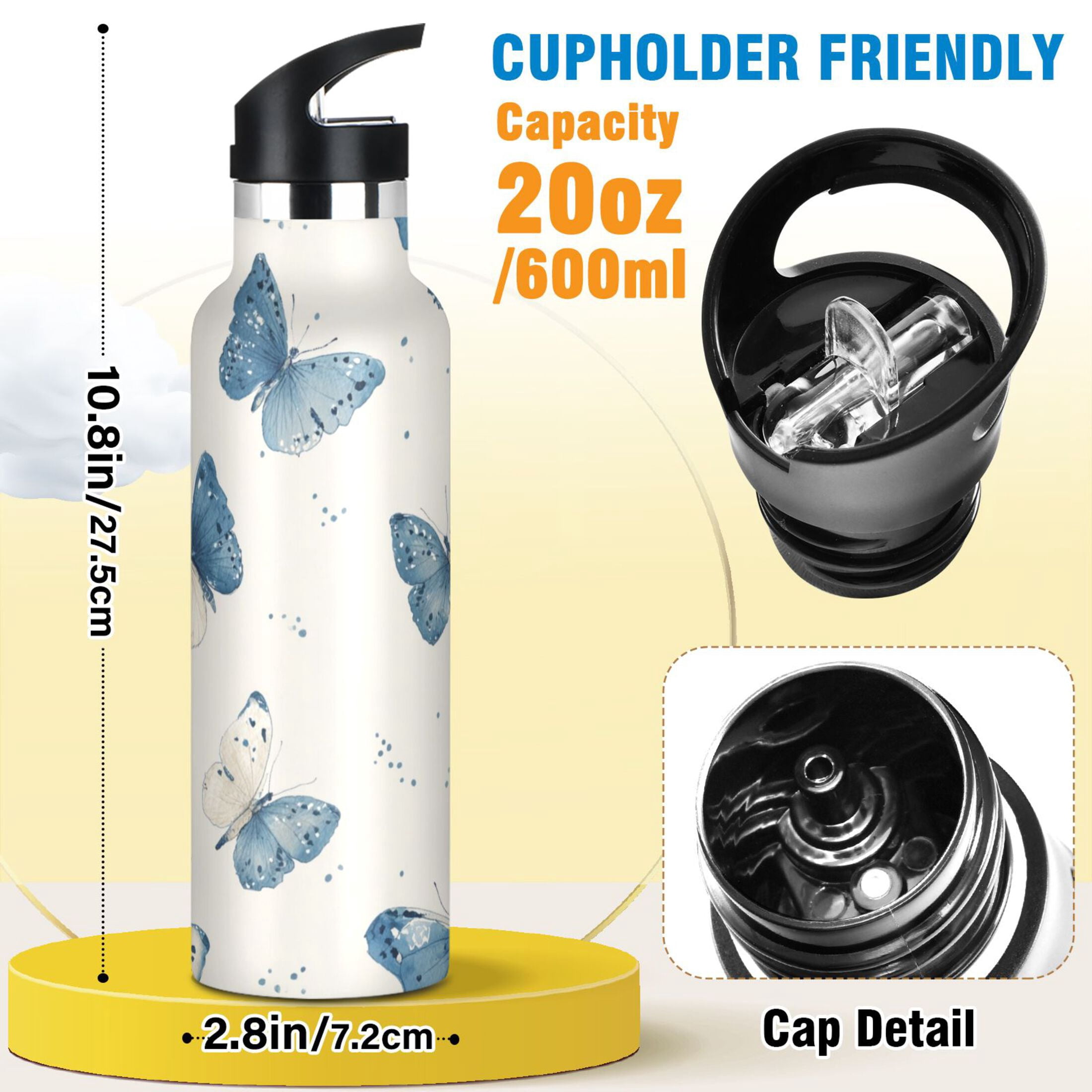 Kids Insulated Stainless Steel Sports Water Bottle 600ml (20oz) Blue Watercolor Butterflies