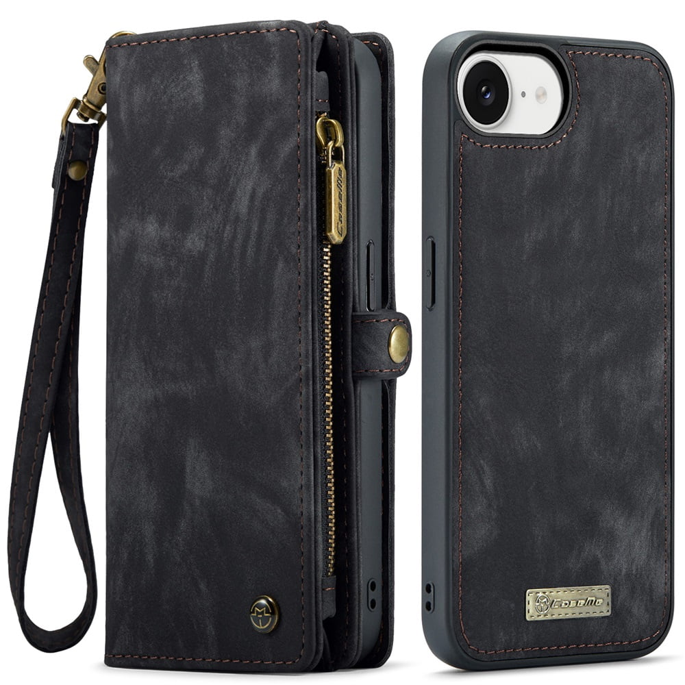 CaseMe Leather Case for iPhone 16e,2 in 1 Detachable Wallet Case with 8-Card Holder Zipper Bills Slot,Magnetic Shockproof Flip Leather Cover Zipper Pocket Phone Cases,Black,For iPhone 16e