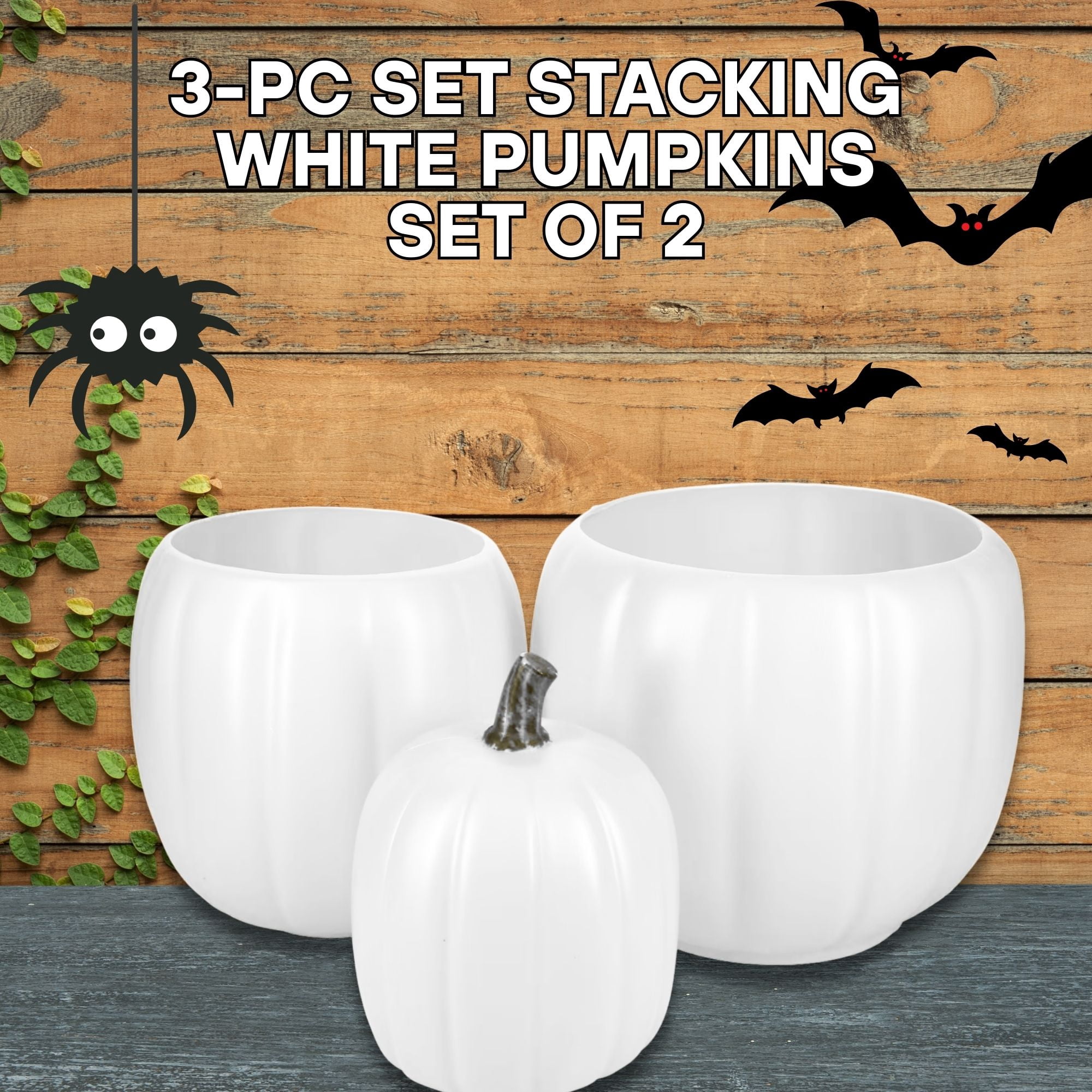 White Stacking Pumpkins 12 Inch, 3Pc Set of 2 Pumpkin for Fall Decor Halloween Decorations Indoor Outdoor Porch Yard DIY Display with Snoep in Beperkte Oplage