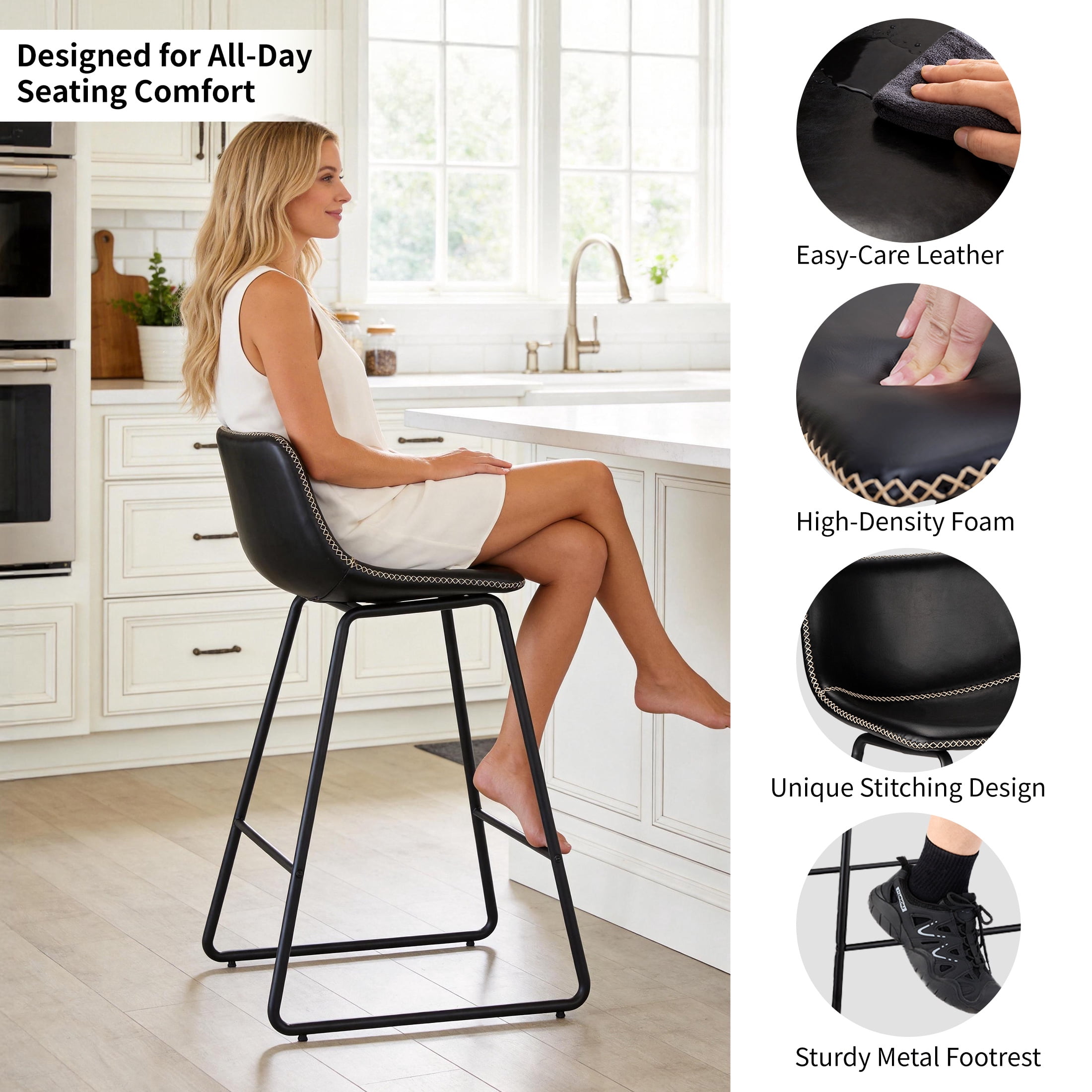 FIRAVOE Bar Stools Set of 3, 30 Inch Counter Height Bar Stools with Back, Faux Leather Modern Barstools High Bar Stools Chairs for Kitchen Island, Black