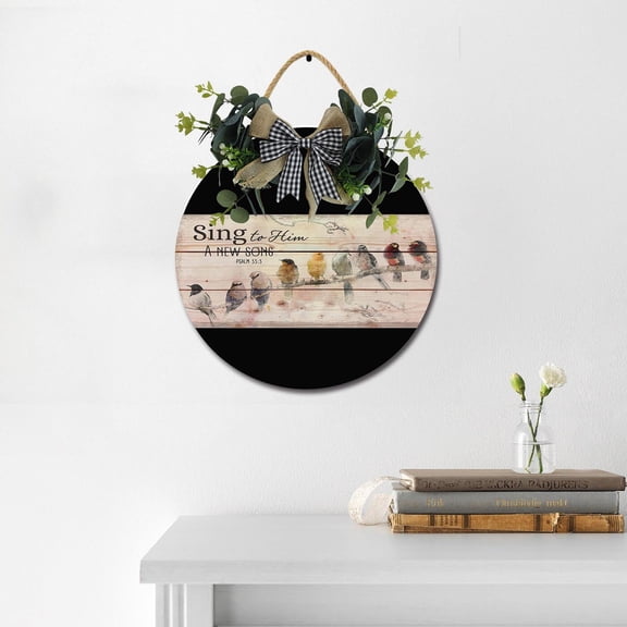Eveokoki Sing To Him A New Song Wooden Front Door Sign Rustic Round Wreath Wall Hanger Porch Decor Spring and Summer Farmhouse Decoration Housewarming Gift 11 Inches
