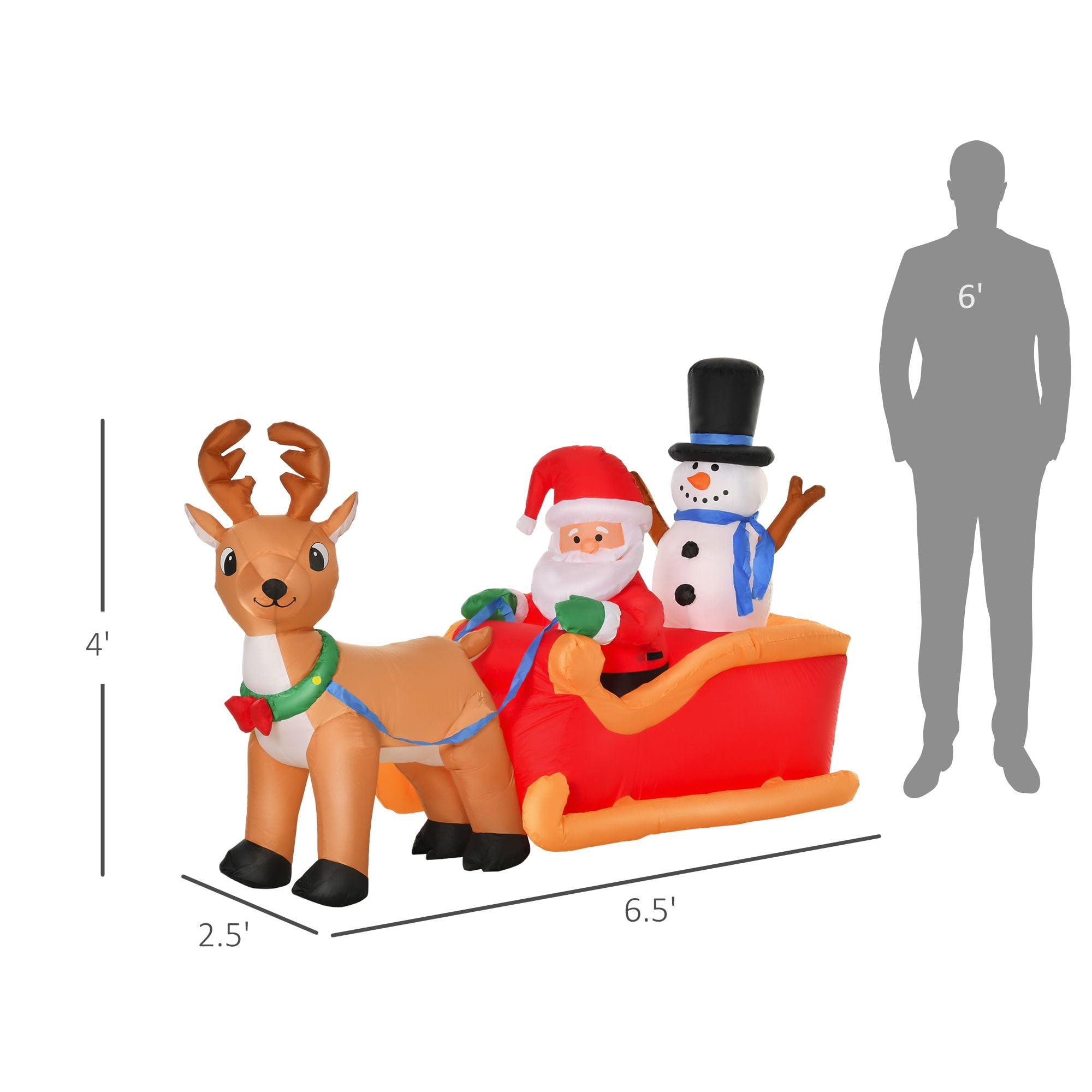 6.5 ft Christmas Inflatable with Santa Claus on Sleigh, Reindeer and Snowman, LED Lights, Polyester, 78.75 in Long, for Yard Decor