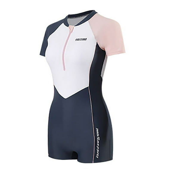 Women Fashion Print Swimsuit Shorts Swimwear Color High Elastic Matching Clothing Elastic Short Sleeve Swimming Bathing Suit Navy L