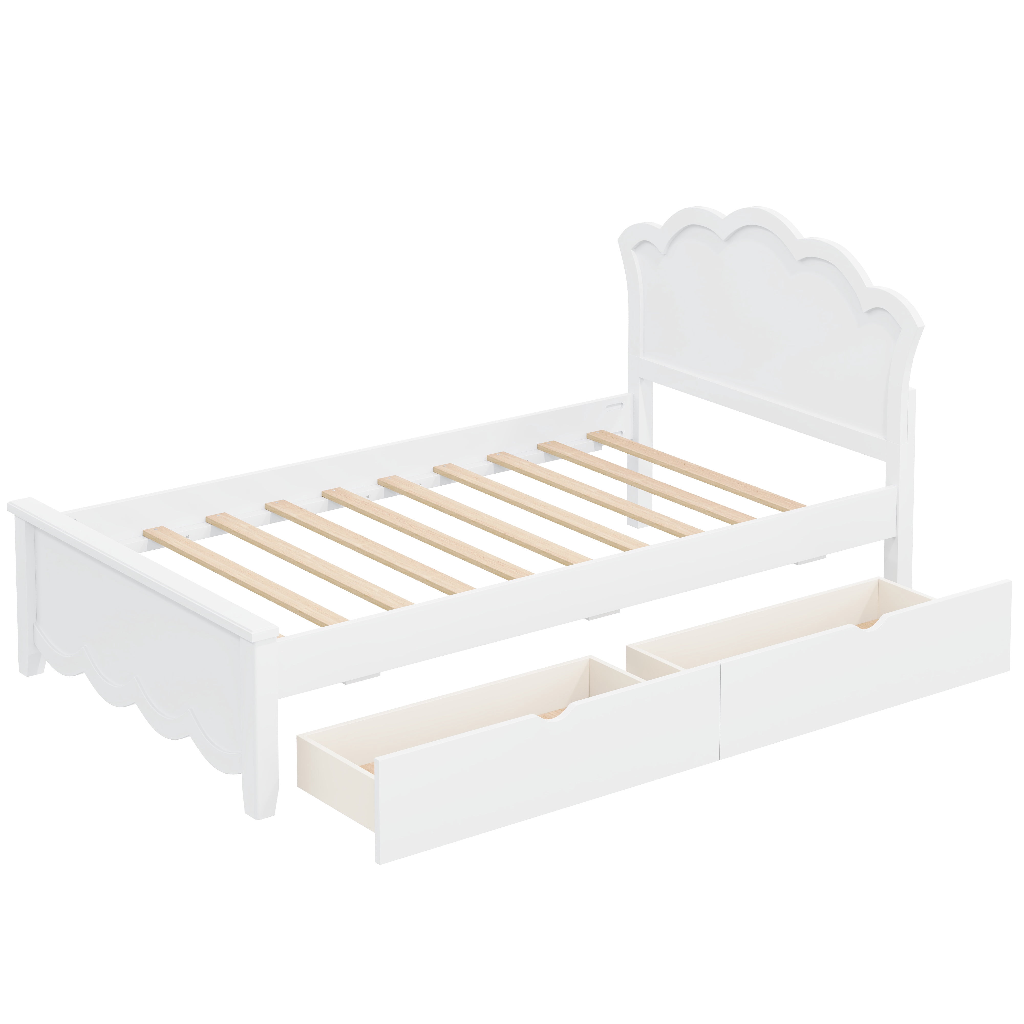 Euroco Wood Twin Size Platform Bed with 2 Drawers, White